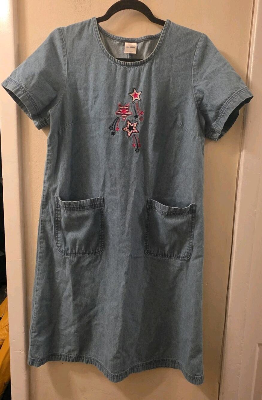 Vintage 90s Blair Denim Jumper Dress Blue Jean Patriotic Embroidered Stars Small